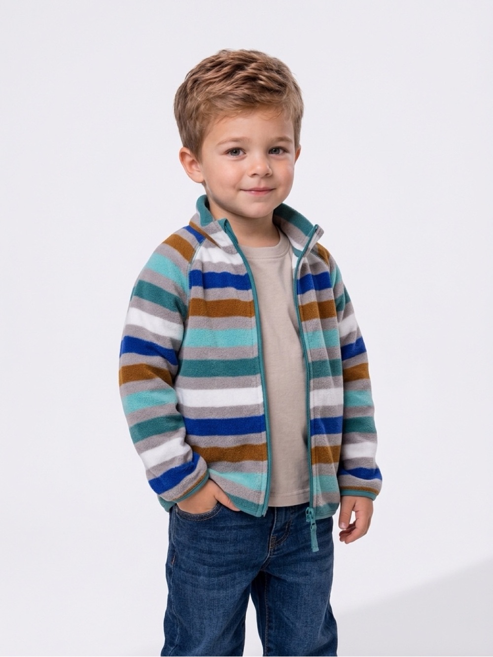 H&M Striped Zip-Up Fleece Jacket in Teal, Blue, Brown & Cream